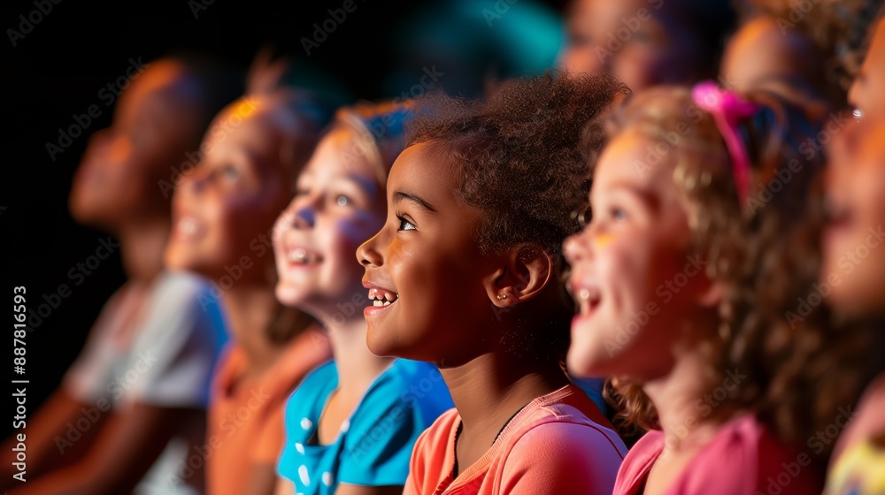 Group of diverse children eagerly watching a performance, captivated by the stage, with smiles and excitement on their faces. Group of diverse children eagerly watching a performance, captivated by the stage, with smiles and excitement on their faces.
