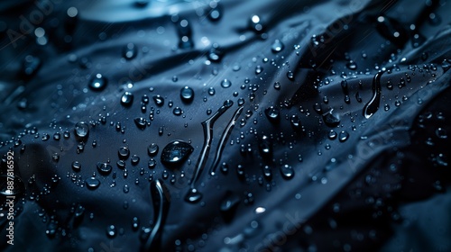 Close-up shot of water droplets on a dark blue waterproof fabric surface, highlighting the texture and reflective details.
