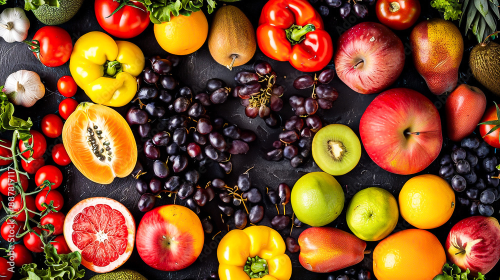 fruits and vegetables on a gray background: apple, pear, plum, orange, tangerine, grapes, kiwi, grapefruit, pepper, tomatoes, peach, greens fruits and vegetables on a gray background: apple, pear, plum, orange, tangerine, grapes, kiwi, grapefruit, pepper, tomatoes, peach, greens
