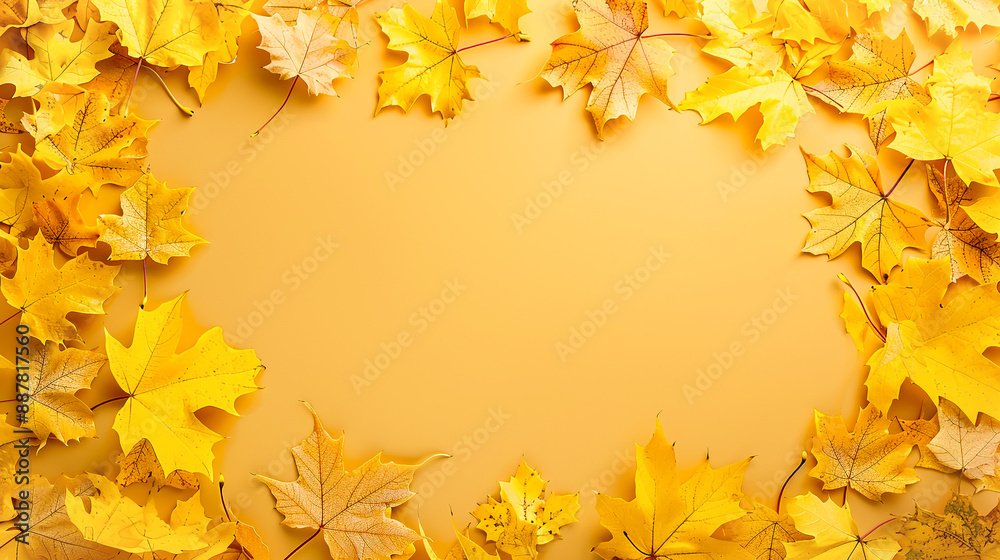 autumn maple leaves on the sides of the photo, yellow background, space for text