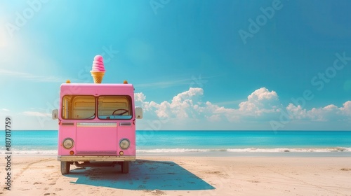 Fototapeta Naklejka Na Ścianę i Meble -  Beautiful ice cream truck on sea beach with blue sea and sky