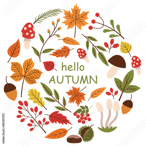 Background with autumn leaves berries mushrooms. Colorful vector with inscription Hello Autumn