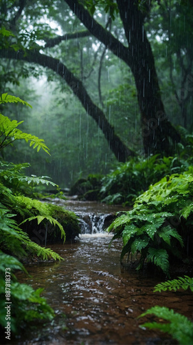 Lush green forest with a stream running through it