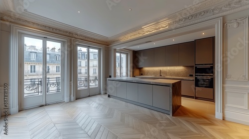 A sleek modern kitchen featuring elegant French decor, large windows, and parquet flooring in a spacious apartment.