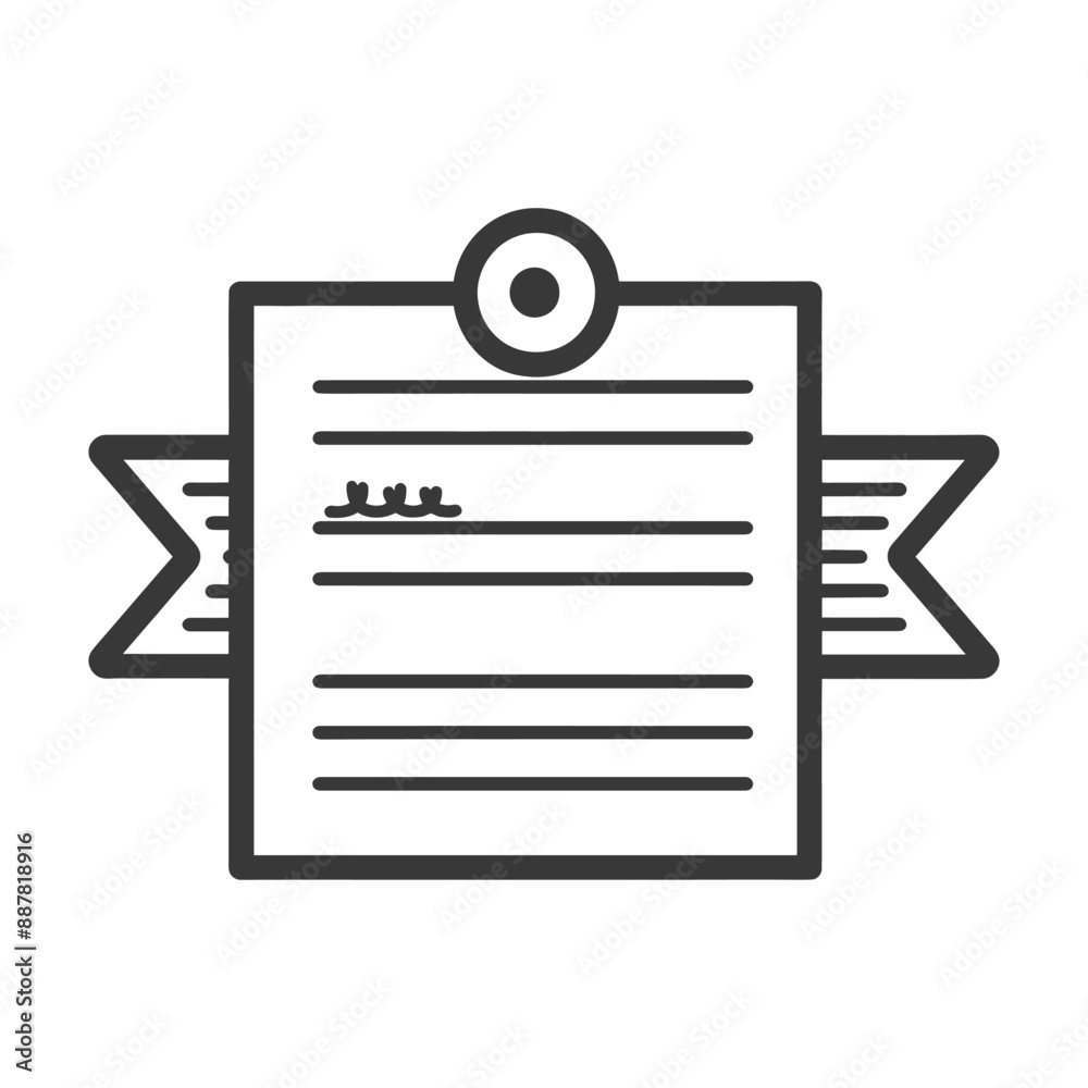 Outlined Award Certificate Icon with Ribbon and Circular Pin