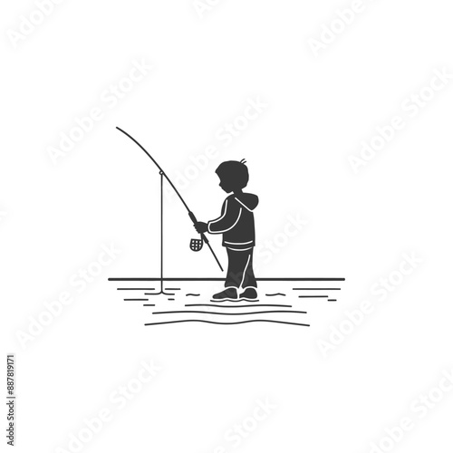 Silhouette of Child Ice Fishing, Minimalist Line Art Illustration