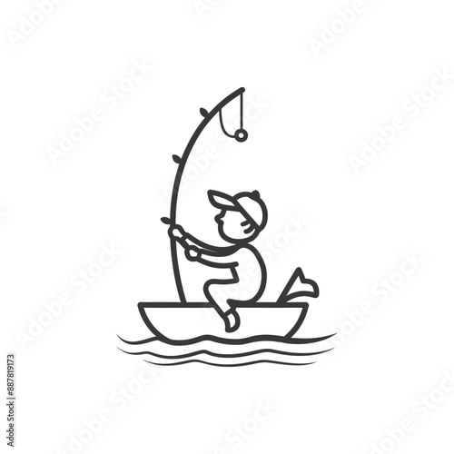 Line Art Illustration: Boy Fishing from Simple Boat