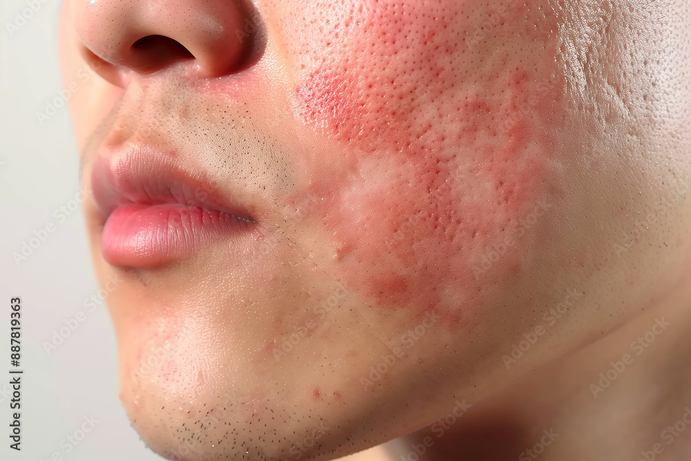 Rosacea & Skin Conditions : Men's Faces, Treatment. Close-up of Couperose, Vascular Stars, Capillaries, Freckles, Back Rashes. Dermatology Insights Rosacea & Skin Conditions : Men's Faces, Treatment. Close-up of Couperose, Vascular Stars, Capillaries, Freckles, Back Rashes. Dermatology Insights