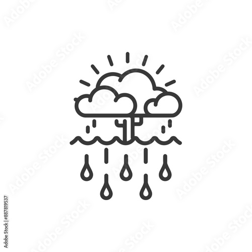 Sunlit Cloud Over Water, Rain Drops Line Art Icon