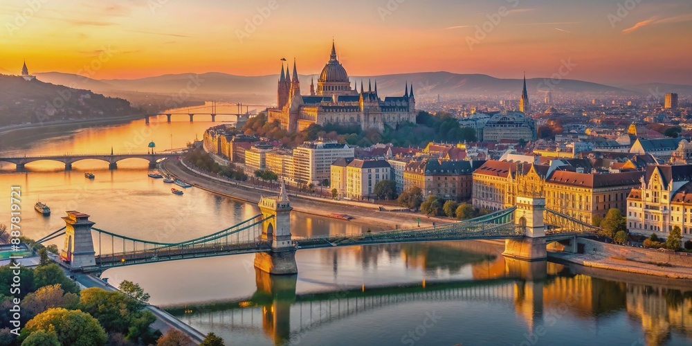Aerial view of Budapest skyline at sunrise, featuring Buda Castle Royal ...