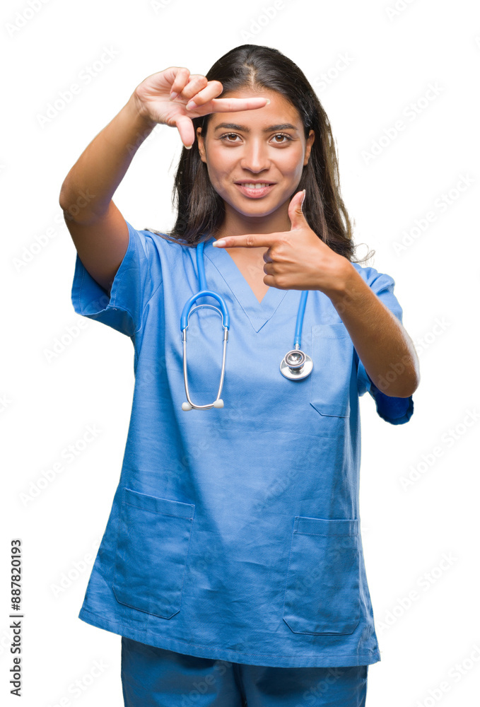 Young arab doctor surgeon woman over isolated background smiling making frame with hands and fingers with happy face. Creativity and photography concept. Young arab doctor surgeon woman over isolated background smiling making frame with hands and fingers with happy face. Creativity and photography concept.