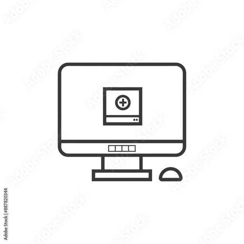 Line Art Desktop Computer Icon: Video Upload Plus Symbol