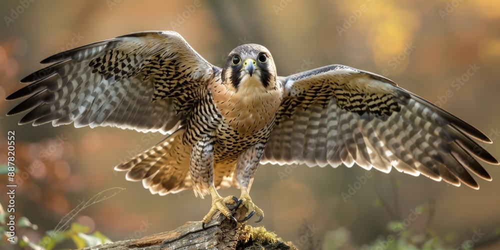 Obraz premium Falcon is in natural habitat. Peregrine Falcon bird of prey sitting on a rock or log with nature background. Arabian pet bird.