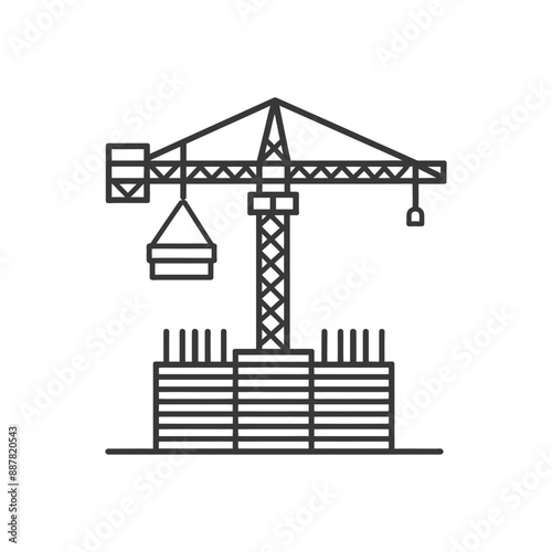Construction Crane Icon: Linear Design, Building Foundation
