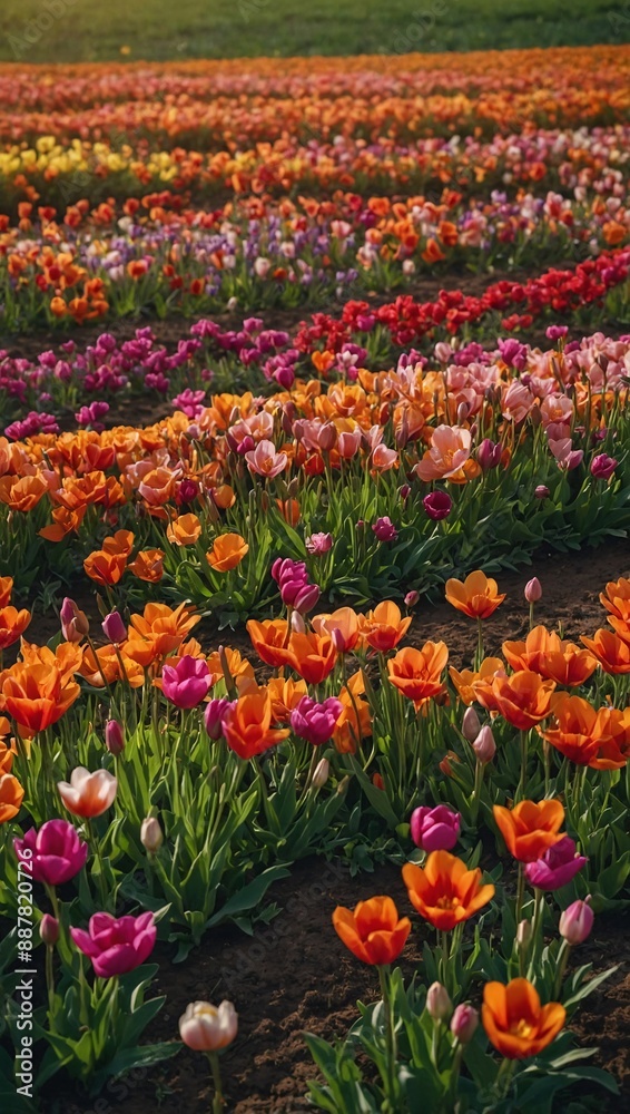 Vibrant spring flower field, alive with blooming beauty Vibrant spring flower field, alive with blooming beauty