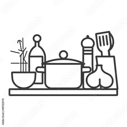 Line Art Kitchen Shelf: Pot, Herbs, Oil, Garlic, and Utensils