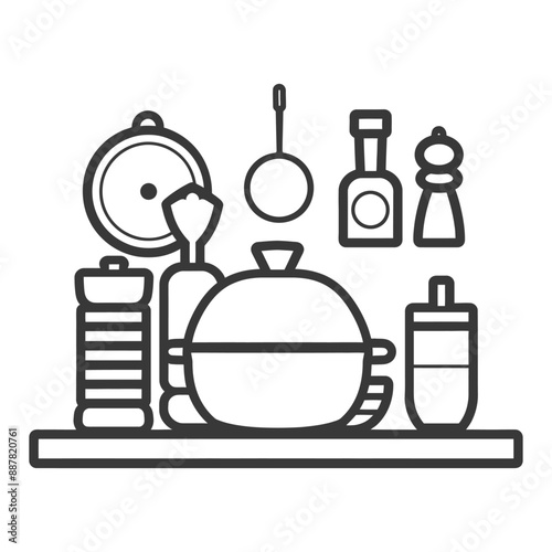 Line Art Kitchen Utensil & Spice Rack Shelf Arrangement