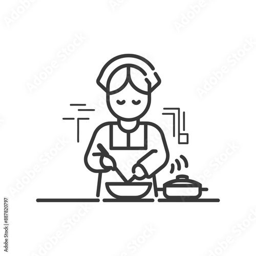 Line Art Illustration: Maid Preparing Food in Kitchen