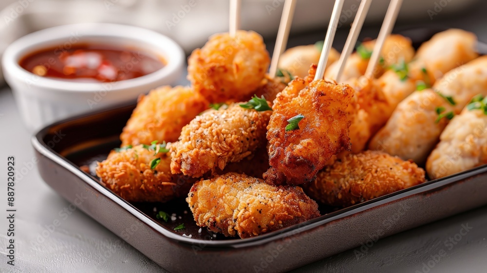 A platter of chicken nuggets coated in various flavorful breadings. A platter of chicken nuggets coated in various flavorful breadings.