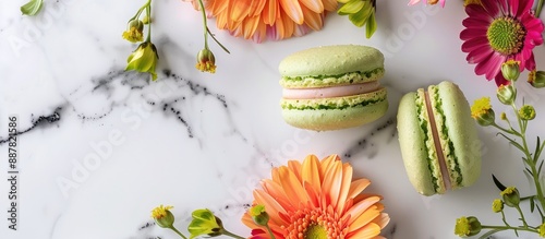 A green macaron sits beside...