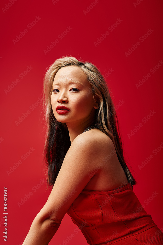 A captivating Asian woman strikes a pose in a vibrant red dress.