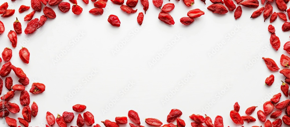 Red dried goji berries form a frame against a white background creating a copy space image Red dried goji berries form a frame against a white background creating a copy space image