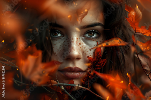 An autumn scene featuring a woman embodying evil, capturing the essence of depression and melancholy.