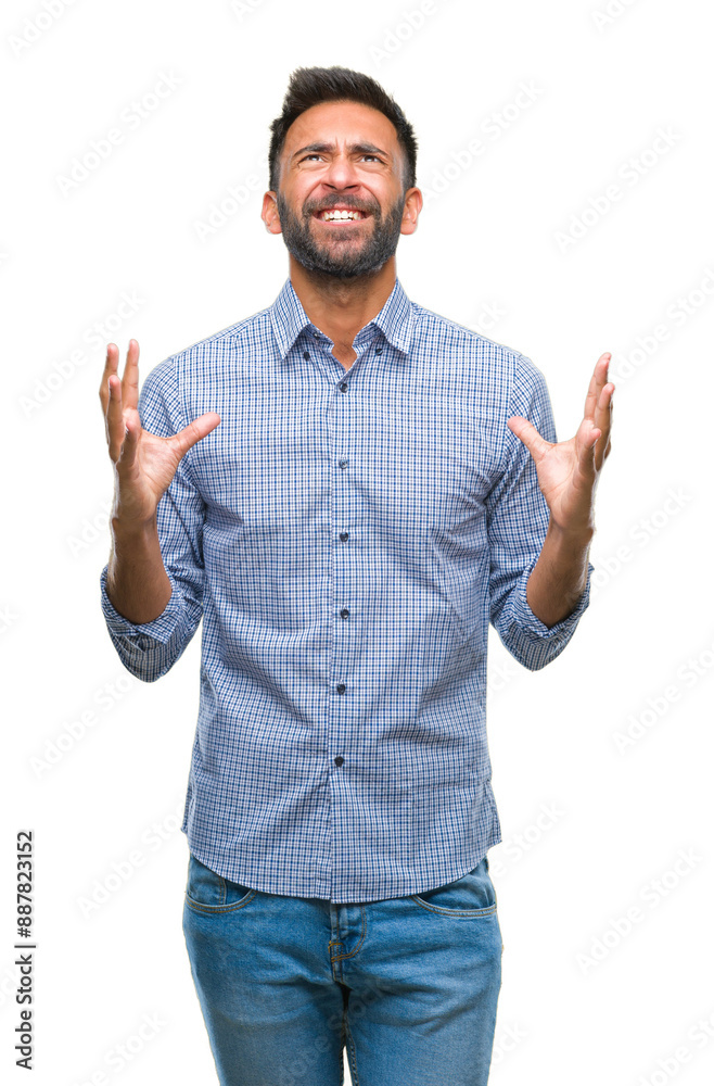 Fototapeta premium Adult hispanic man over isolated background crazy and mad shouting and yelling with aggressive expression and arms raised. Frustration concept.