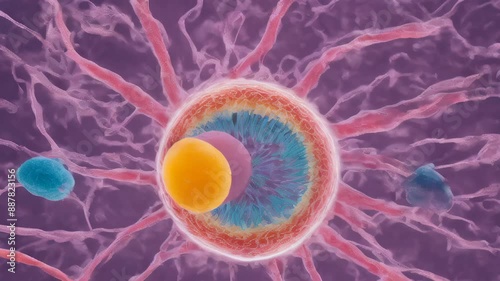 Macro view through a microscope of the process of in vitro fertilization of a female egg with a sperm cell in an IVF bowl in a laboratory. Horizontal. . Generative AI