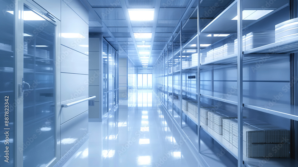 Clean and modern storage room with metal shelves filled with boxes and files, bright illumination from overhead fluorescent lights Clean and modern storage room with metal shelves filled with boxes and files, bright illumination from overhead fluorescent lights
