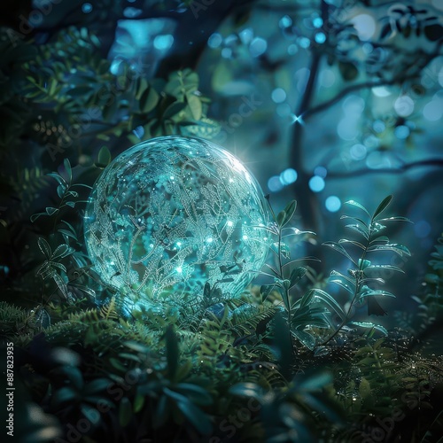 bioluminescent globe floating in a lush ethereal forest tendrils of nature intertwine with holographic ecodata visualizing harmony between technology and environment photo