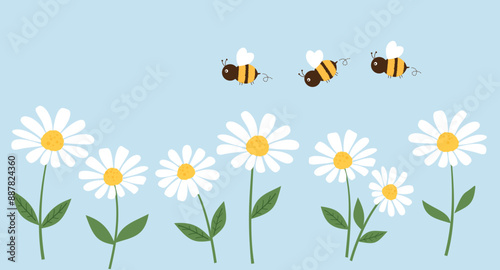 Flying bee cartoons and daisy flower icon sign on blue background vector.