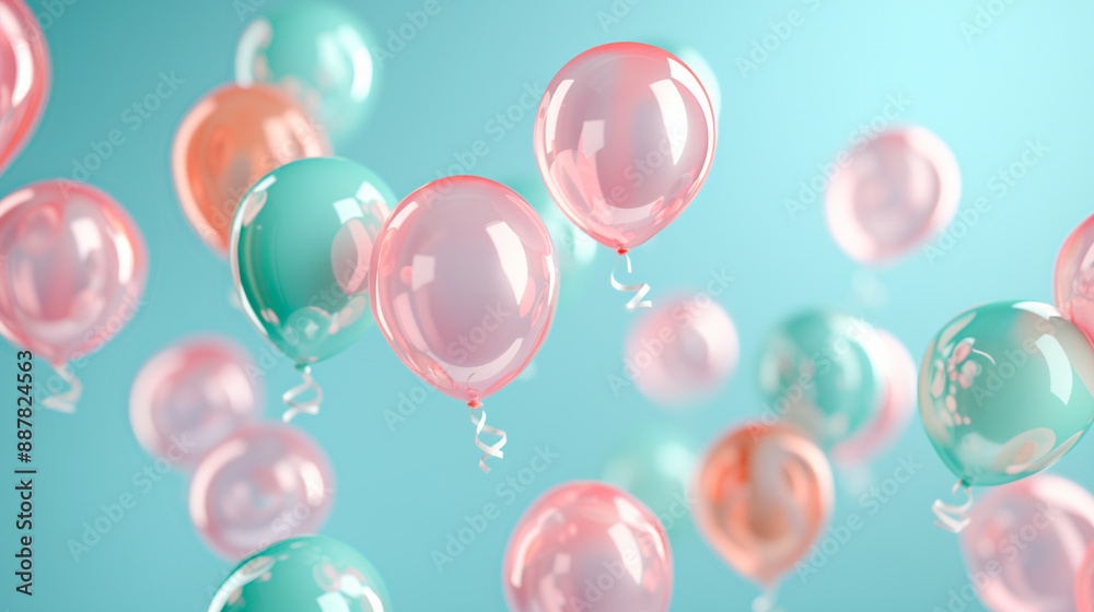Coral, Pink and Turquoise Balloons Rising in the Air. Colorful, Birthday Background Coral, Pink and Turquoise Balloons Rising in the Air. Colorful, Birthday Background
