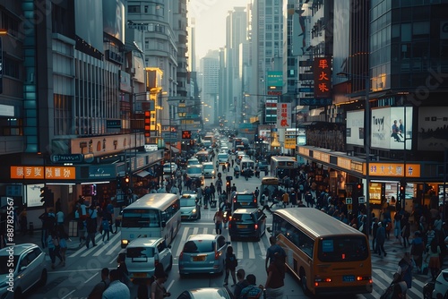 bustling metropolitan street during rush hour, captured from a dynamic street-level perspective.