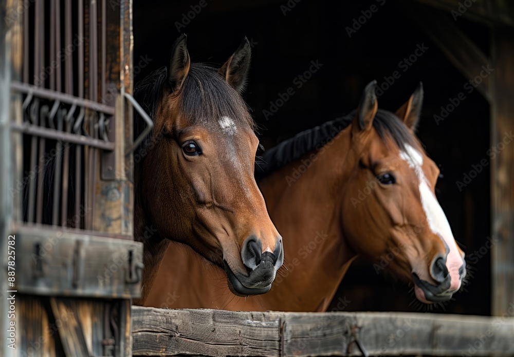 Obraz premium Two Horses Looking Out of a Stall