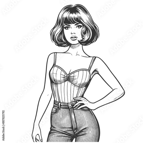 pin-up girl wearing a retro outfit, capturing vintage fashion and style sketch engraving generative ai fictional character vector illustration. Scratch board imitation. Black and white image.