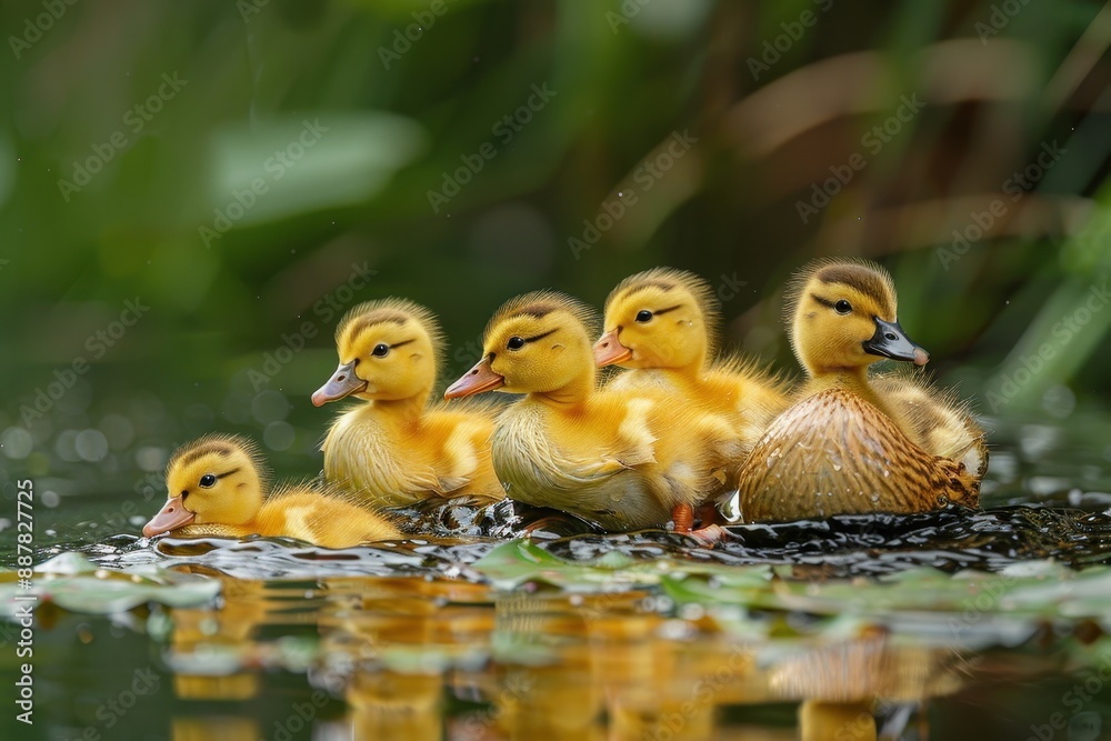 Five yellow ducklings waddling in a straight line on the edge of a pond, following their mother. The water is calm with lily pads floating on the surface Five yellow ducklings waddling in a straight line on the edge of a pond, following their mother. The water is calm with lily pads floating on the surface