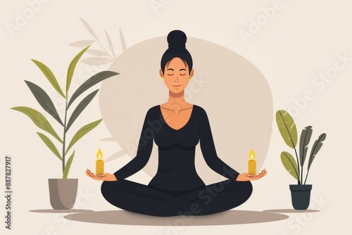 Woman Meditating with Indoor Plants Digital Art Calm and Serene Bright and Detailed