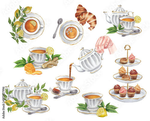 Watercolor clip art of lemon tea time. A set of watercolor ceramic dishes: empty cups, tea cup, saucer, teapot, kettle, sugar pot, serving stand, sweets.