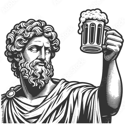 classical statue with beer glass cup sketch engraving generative ai fictional character vector illustration. Scratch board imitation. Black and white image.