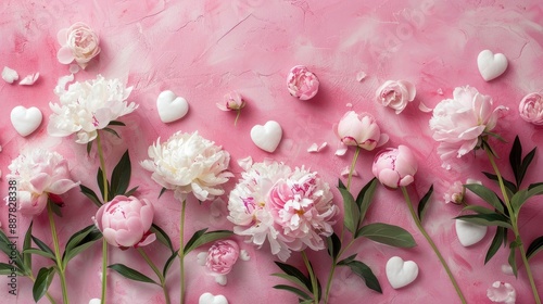 Fototapeta Naklejka Na Ścianę i Meble -  Peonies and white hearts on a pink backdrop