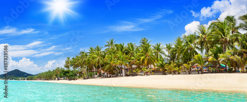 Sea beach panorama, paradise tropical island landscape, turquoise ocean water, palm trees, sand, sun blue sky white cloud, summer holiday, vacation, travel, MaeNam, Koh Samui, Thailand, Southeast Asia