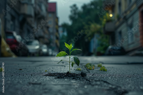 in a big city, one small green plant grew on the asphalt against the background of houses and cars