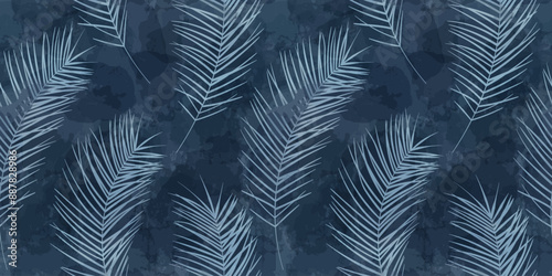 Tropical pattern, palm leaves seamless vector background. Exotic plant on watercolor stains jungle print. Leaves of palm tree.