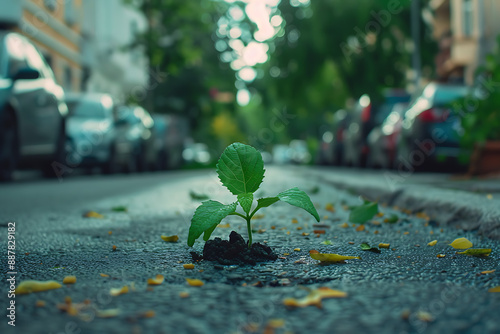 Fototapeta Naklejka Na Ścianę i Meble -  In a bustling city, a small green plant sprouts on asphalt, standing resilient against a backdrop of houses and cars.