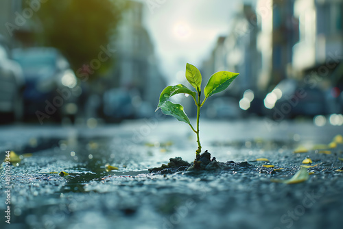 in a big city, one small green plant grew on the asphalt against the background of houses and cars photo