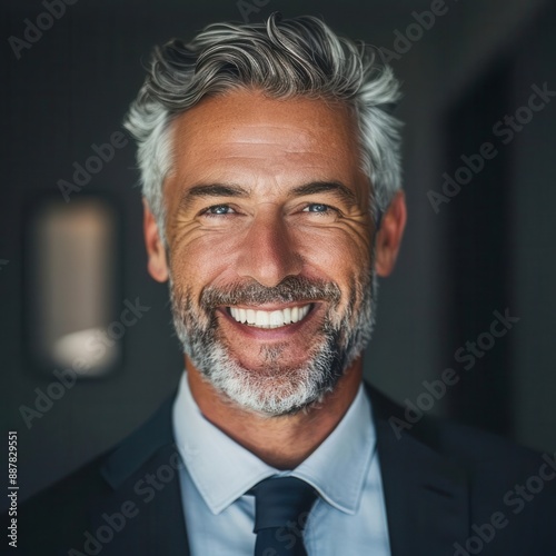 charismatic mature businessman with saltandpepper hair and beard confident smile crisp suit natural lighting professional headshot photo