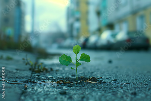 in a big city, one small green plant grew on the asphalt against the background of houses and cars photo