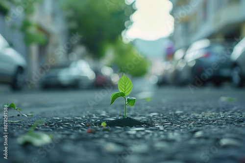 in a big city, one small green plant grew on the asphalt against the background of houses and cars