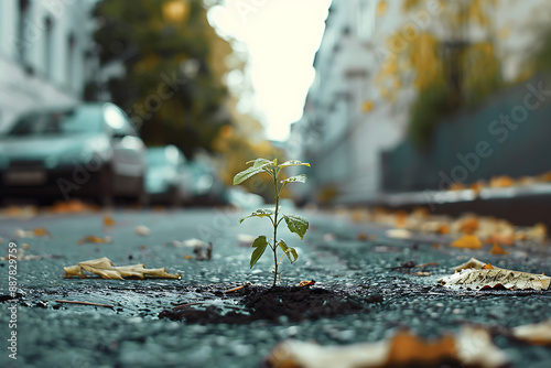 in a big city, one small green plant grew on the asphalt against the background of houses and cars photo